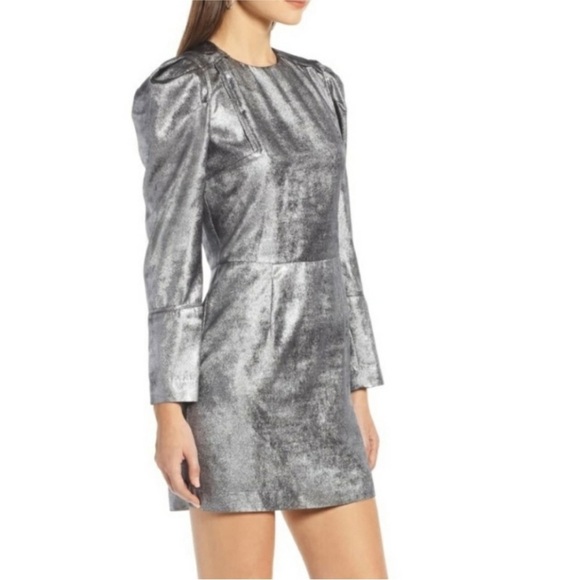 Something Navy Metallic Silver Puff Sleeve Mini Dress. Medium - Picture 9 of 13